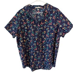 Woman Within Navy Floral Grid Button Up Shirt Womens 18/20 L Short Sleeve Cotton